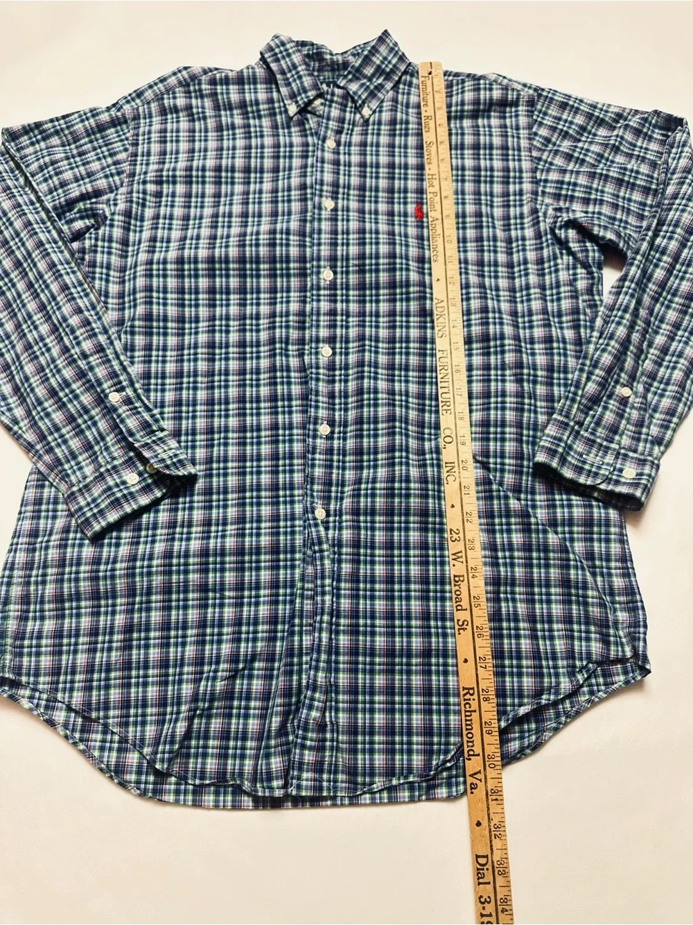 Ralph Lauren Classic Fit Plaid Button Down Shirt 15.5 Blue Cotton Red Pony
